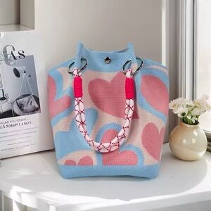 Tiktok Canvas Knit Hook Bag Blue/Pink/Beige Heart Pattern Rope Handles w/Rings
